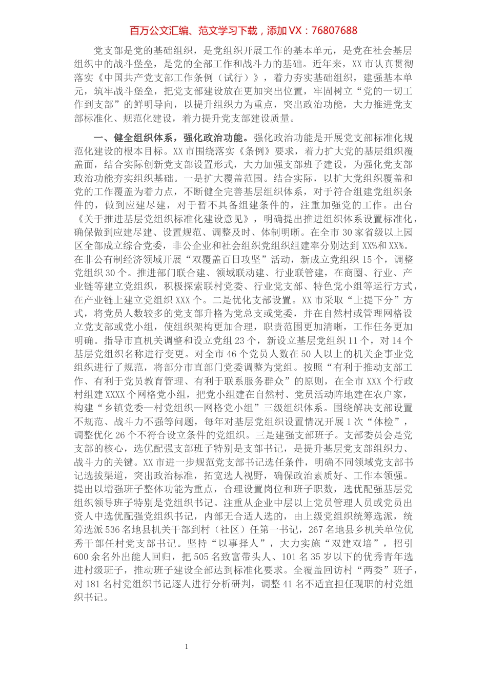 市基层组织建设专项巡察有关推进党支部标准化规范化建设情况汇报.docx_第1页