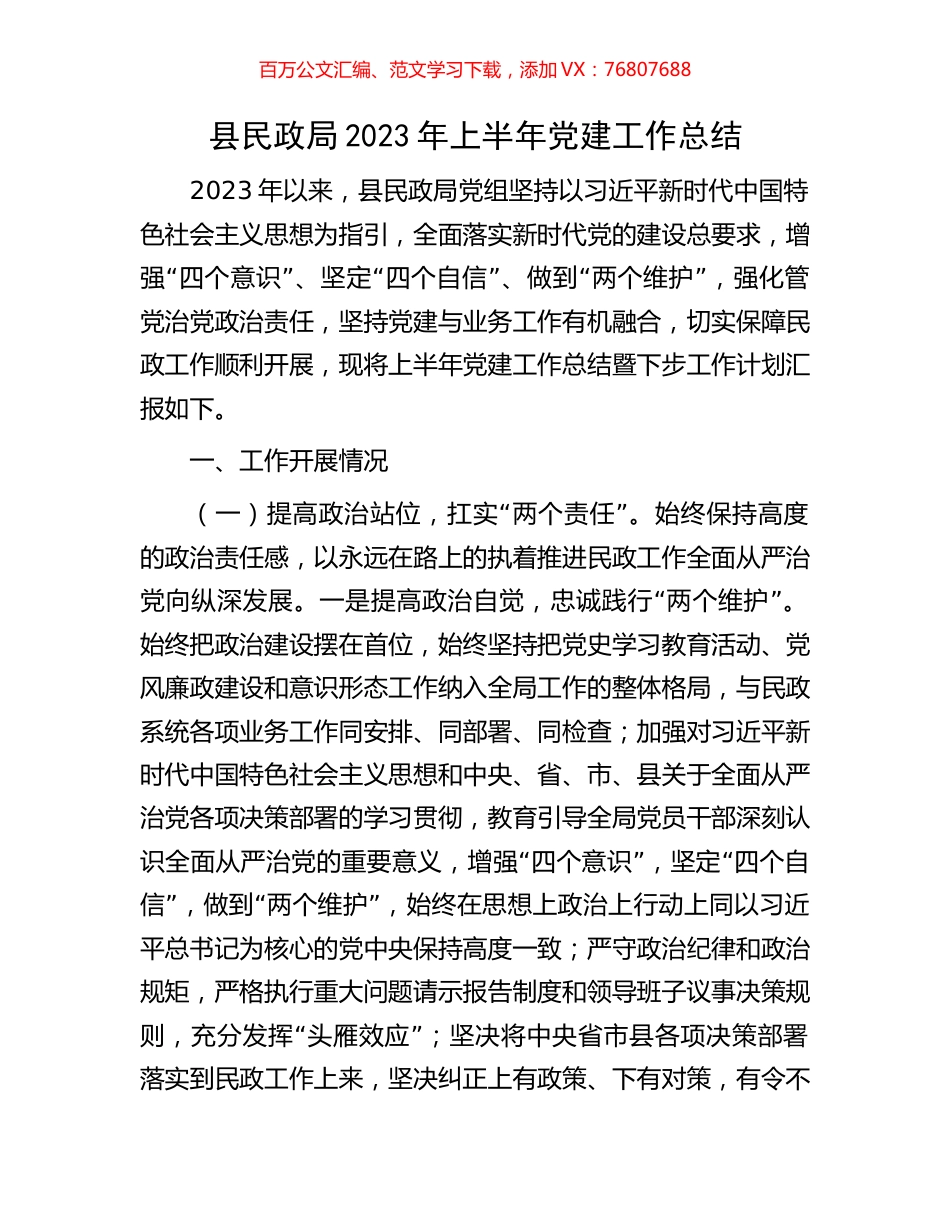 县民政局2023年上半年党建工作总结.docx_第1页