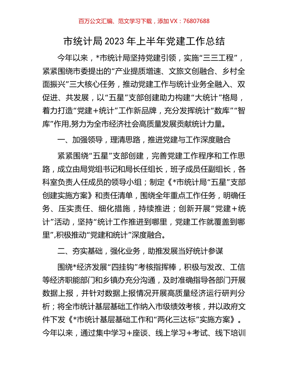 市统计局2023年上半年党建工作总结.docx_第1页