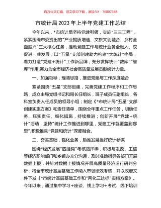 市统计局2023年上半年党建工作总结.docx