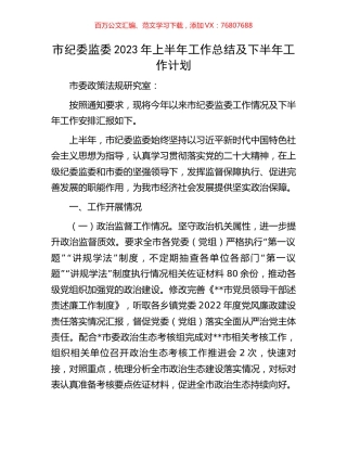 市纪委监委2023年上半年工作总结及下半年工作计划.docx