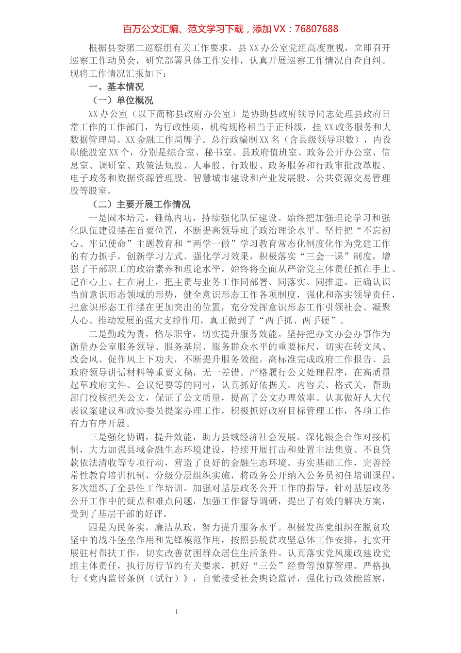 X政府办党组接受县委巡察组巡察的工作汇报​​​​​​​​​​​​​​​​.docx_第1页