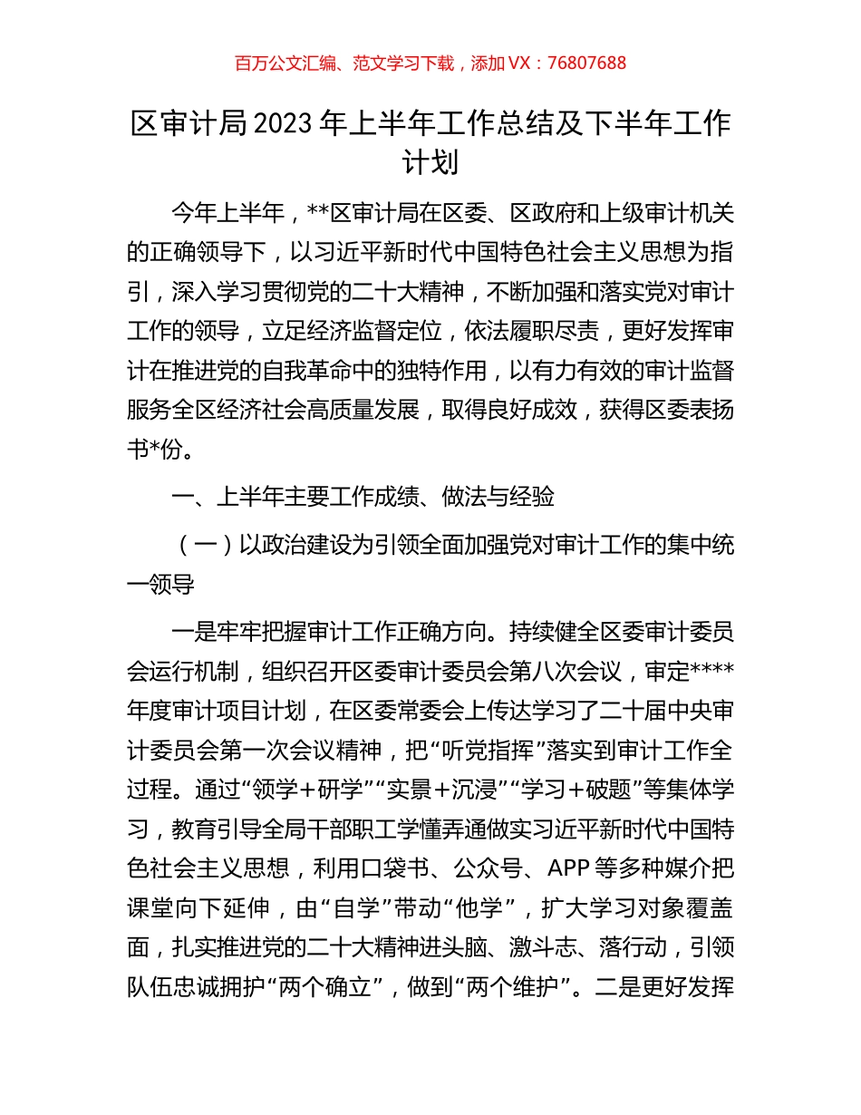 区审计局2023年上半年工作总结及下半年工作计划.docx_第1页