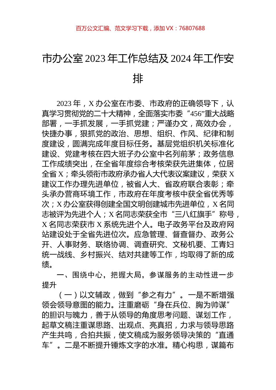 市办公室2023年工作总结及2024年工作安排.docx_第1页