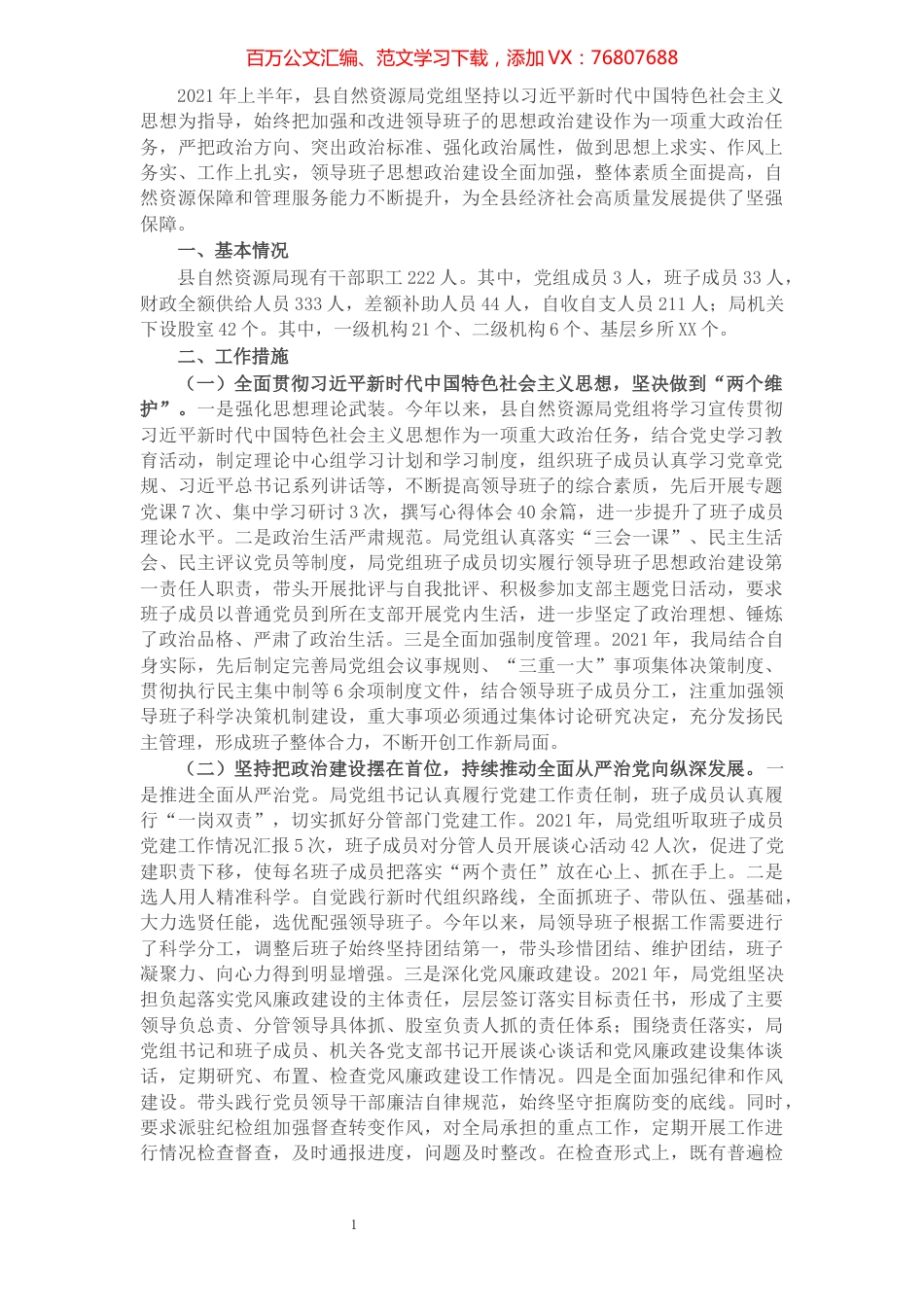 X县自然资源局2021年领导班子思想政治建设情况汇报.docx_第1页