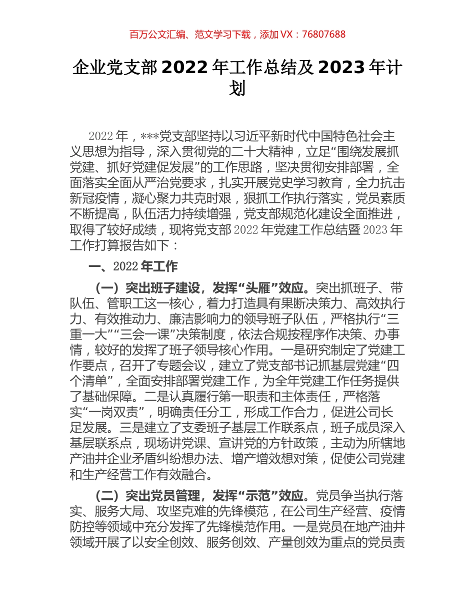 企业党支部2022年工作总结及2023年计划.docx_第1页