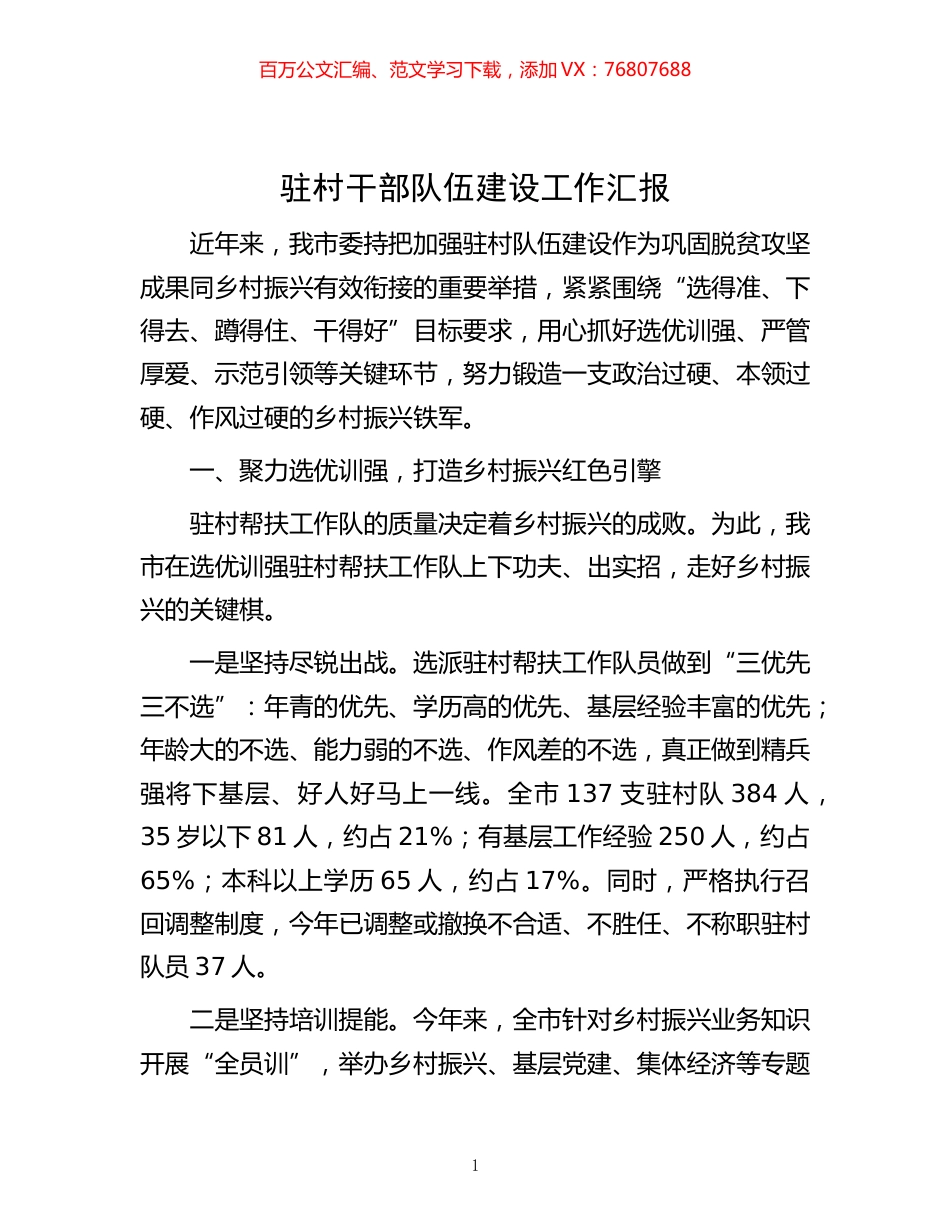 -驻村干部队伍建设工作汇报.docx_第1页