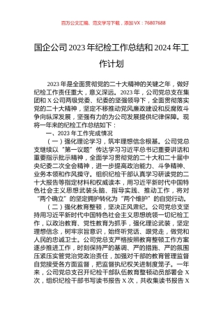 国企公司2023年纪检工作总结和2024年工作计划.docx