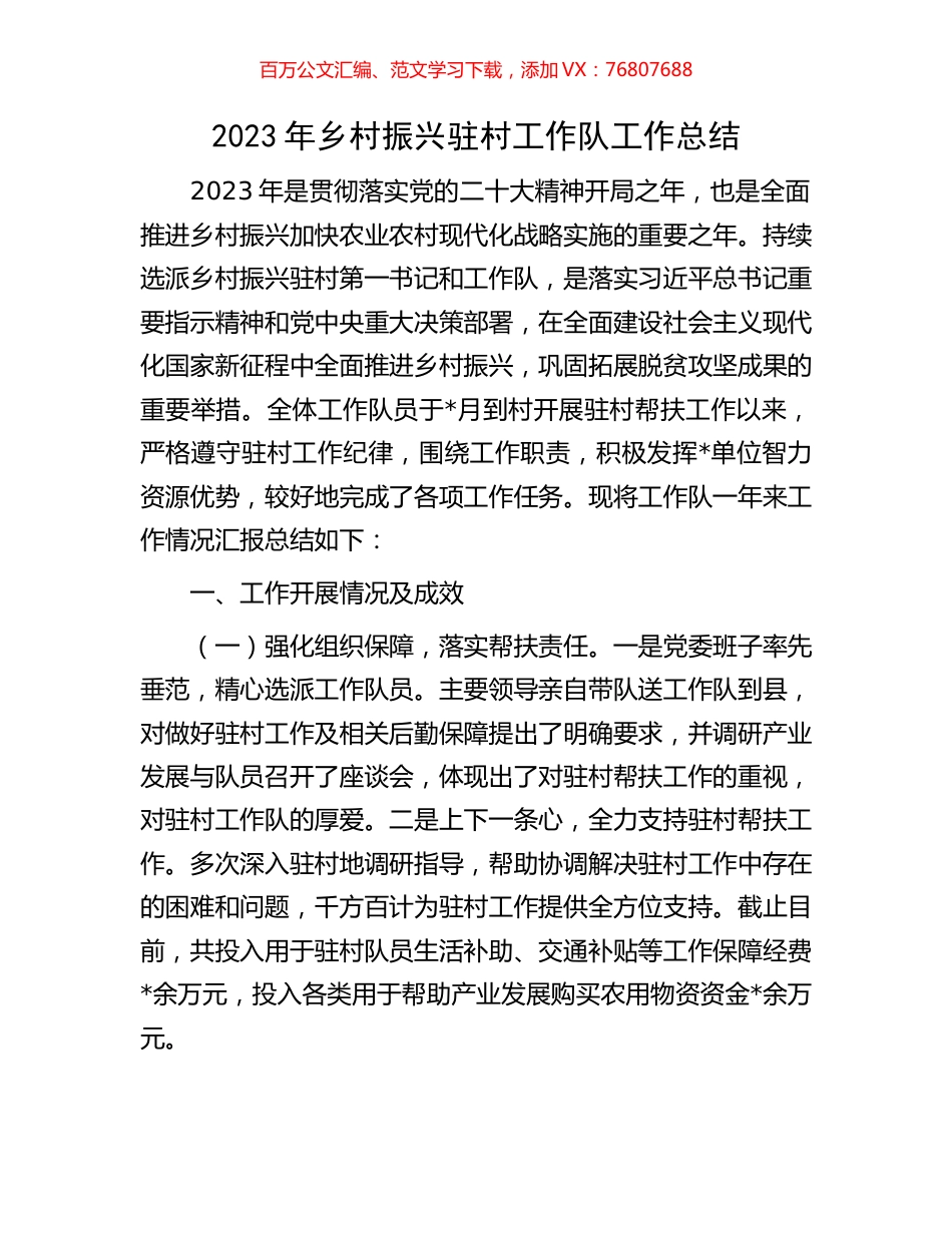 2023年乡村振兴驻村工作队工作总结.docx_第1页