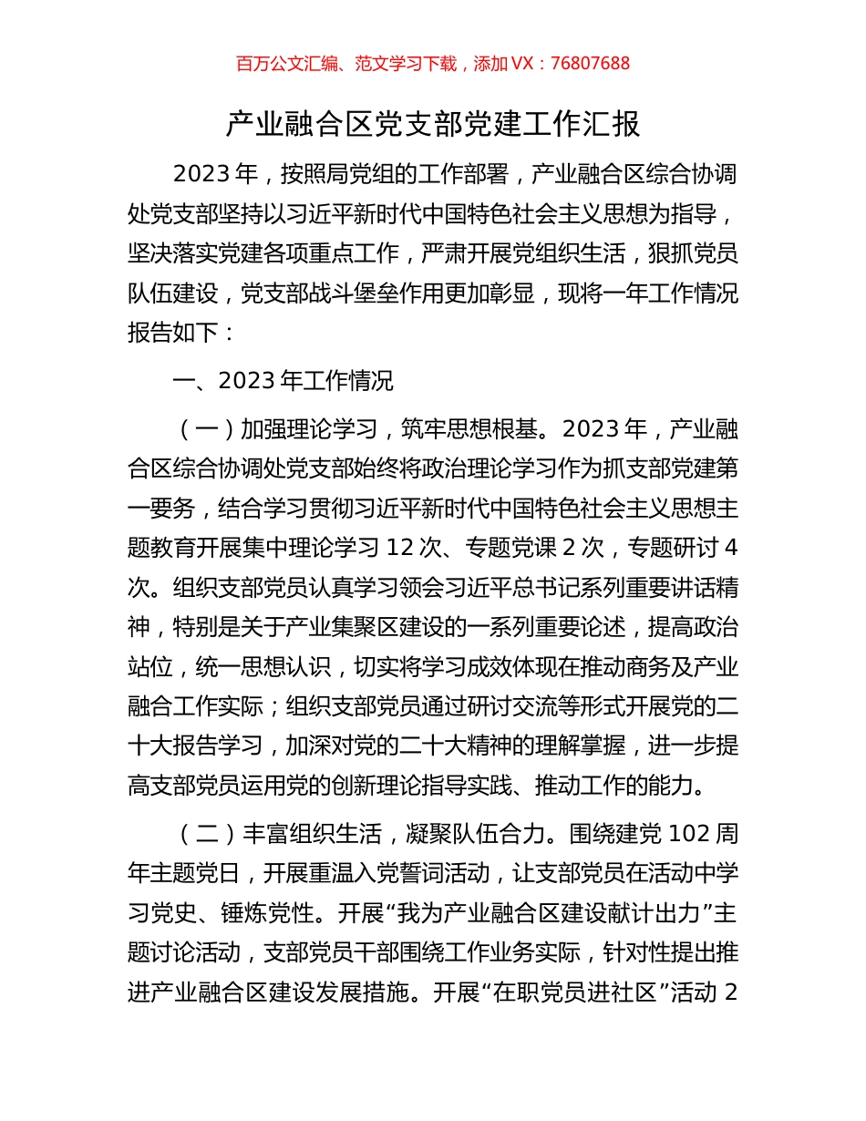 产业融合区党支部党建工作汇报.docx_第1页