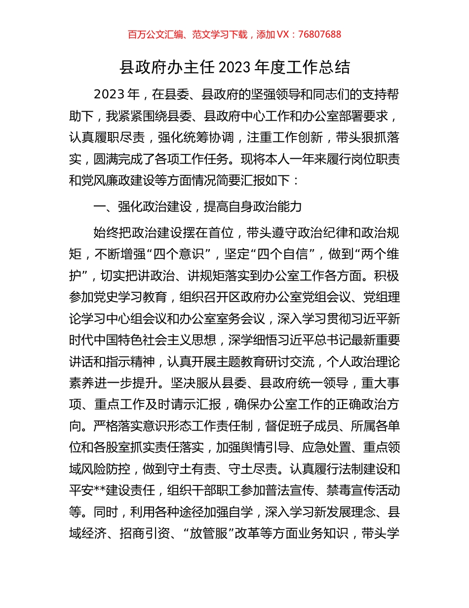 县政府办主任2023年度工作总结.docx_第1页