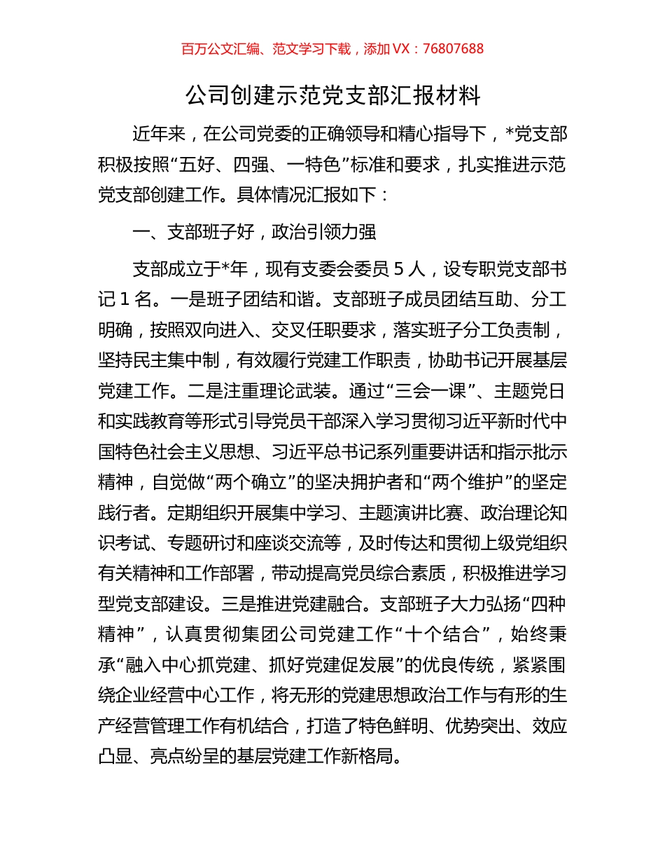 公司创建示范党支部汇报材料.docx_第1页
