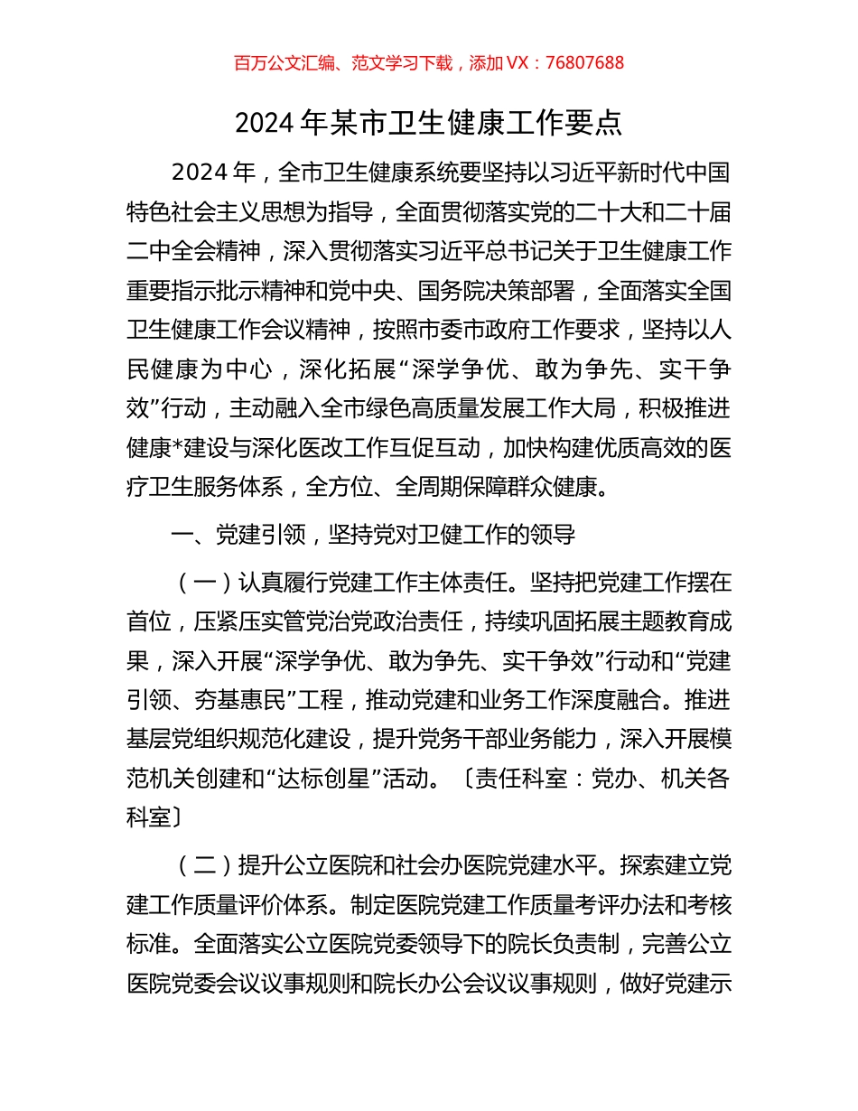 2024年某市卫生健康工作要点.docx_第1页