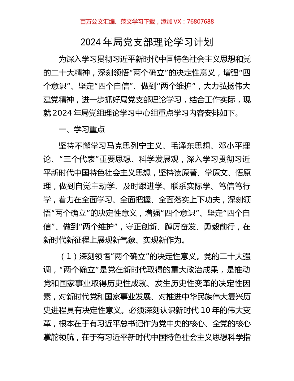 2024年局党支部理论学习计划.docx_第1页