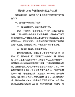 某河长2023年履行河长制工作总结.docx