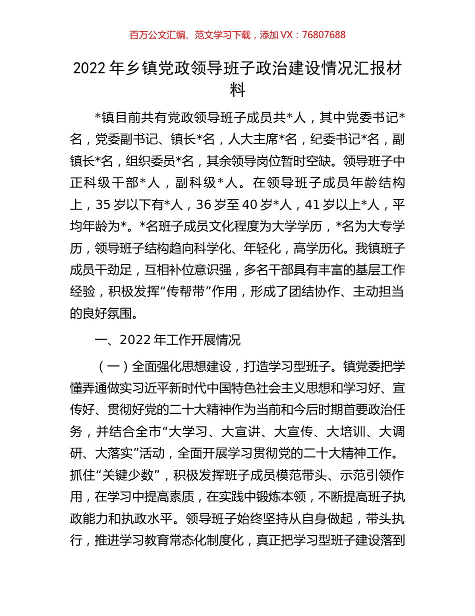 2022年乡镇党政领导班子政治建设情况汇报材料.docx_第1页