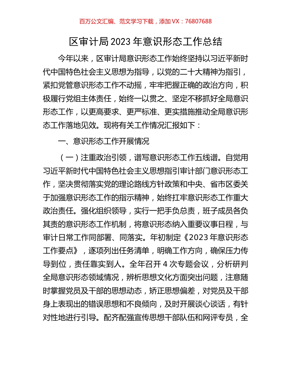 区审计局2023年意识形态工作总结.docx_第1页