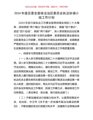 2024年度区委全面依法治区委员会执法协调小组工作计划.docx