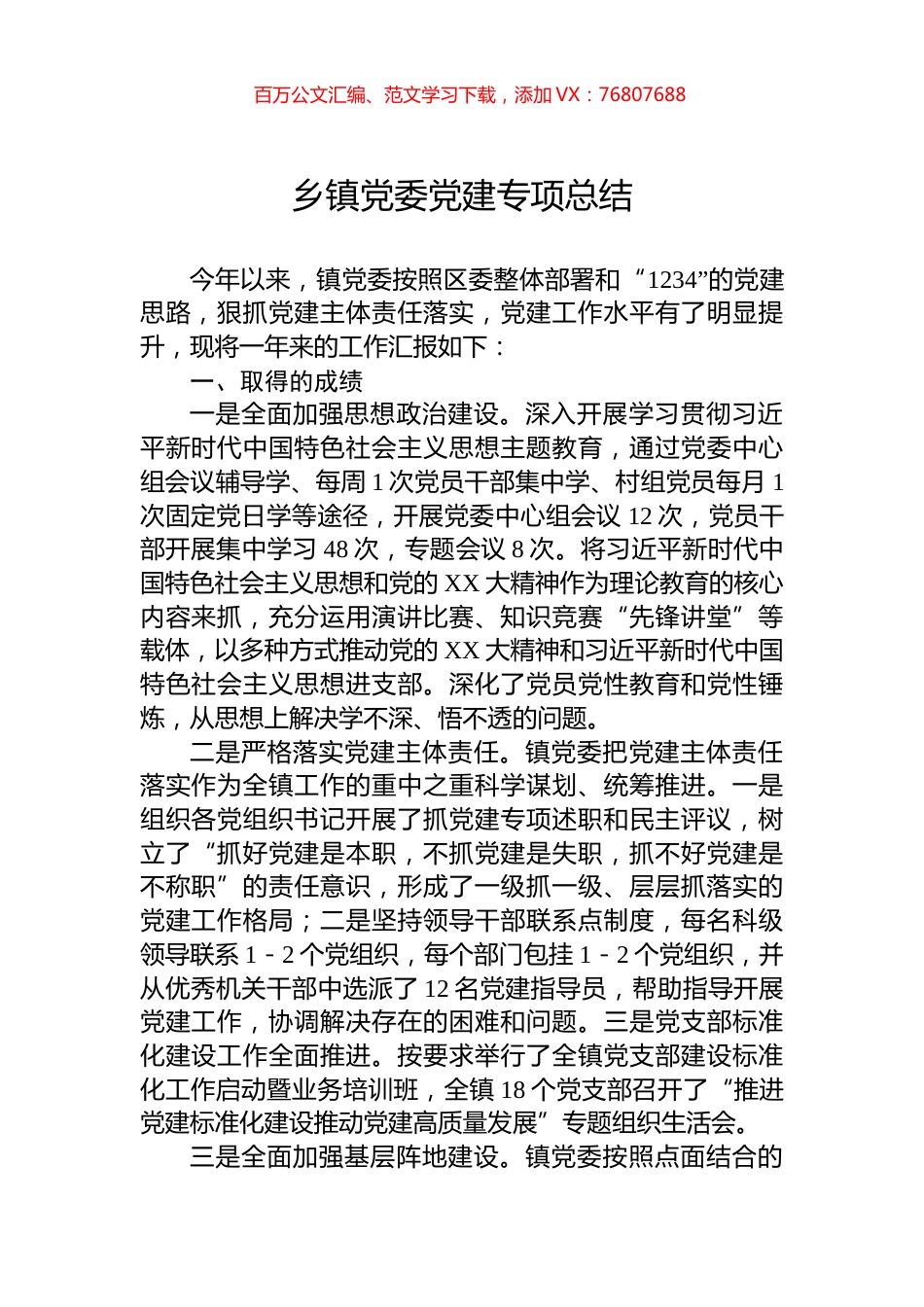 乡镇党委党建专项总结.docx_第1页