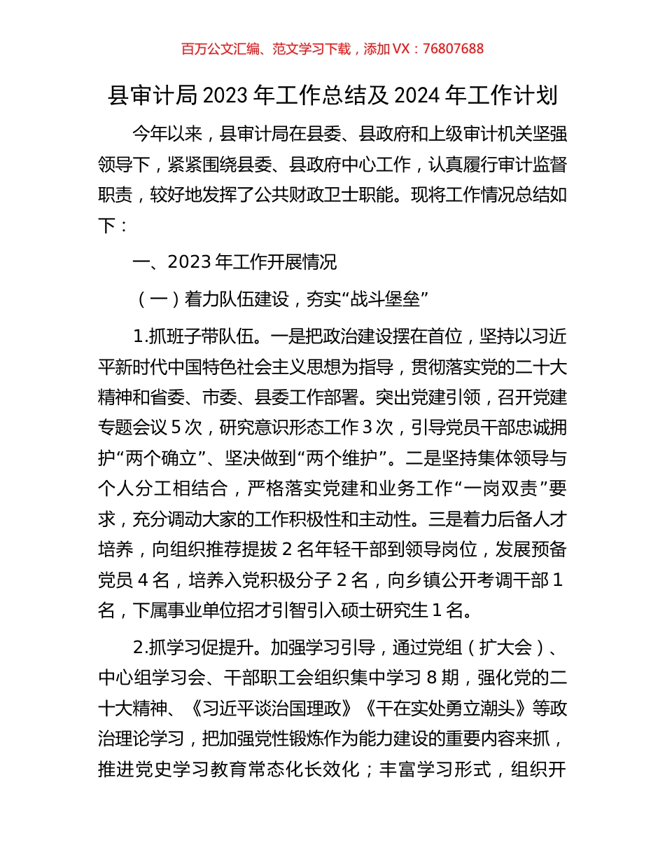 县审计局2023年工作总结及2024年工作计划.docx_第1页