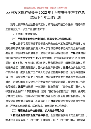 开发区旅游局关于2022年上半年安全生产工作总结及下半年工作计划.docx