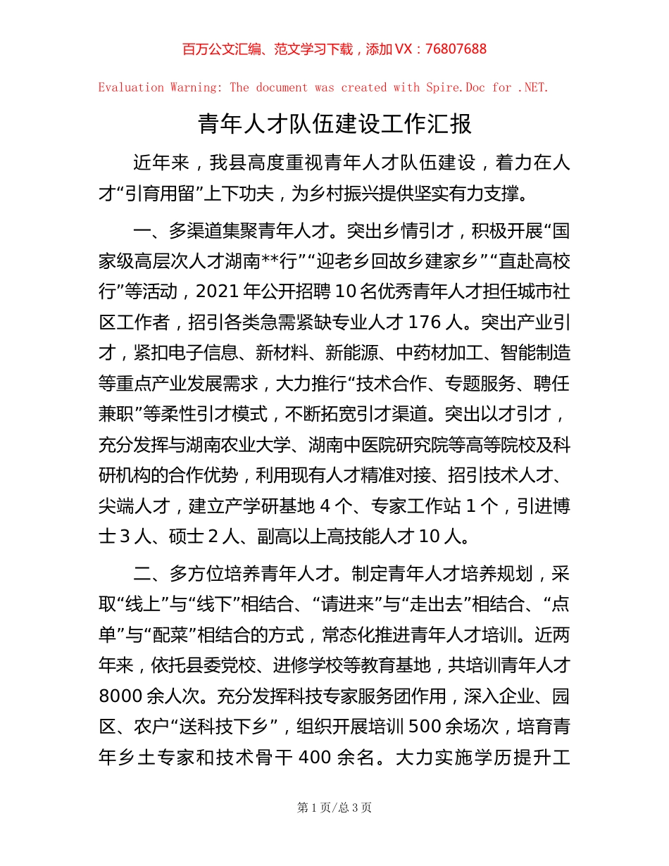 青年人才队伍建设工作汇报.docx_第1页