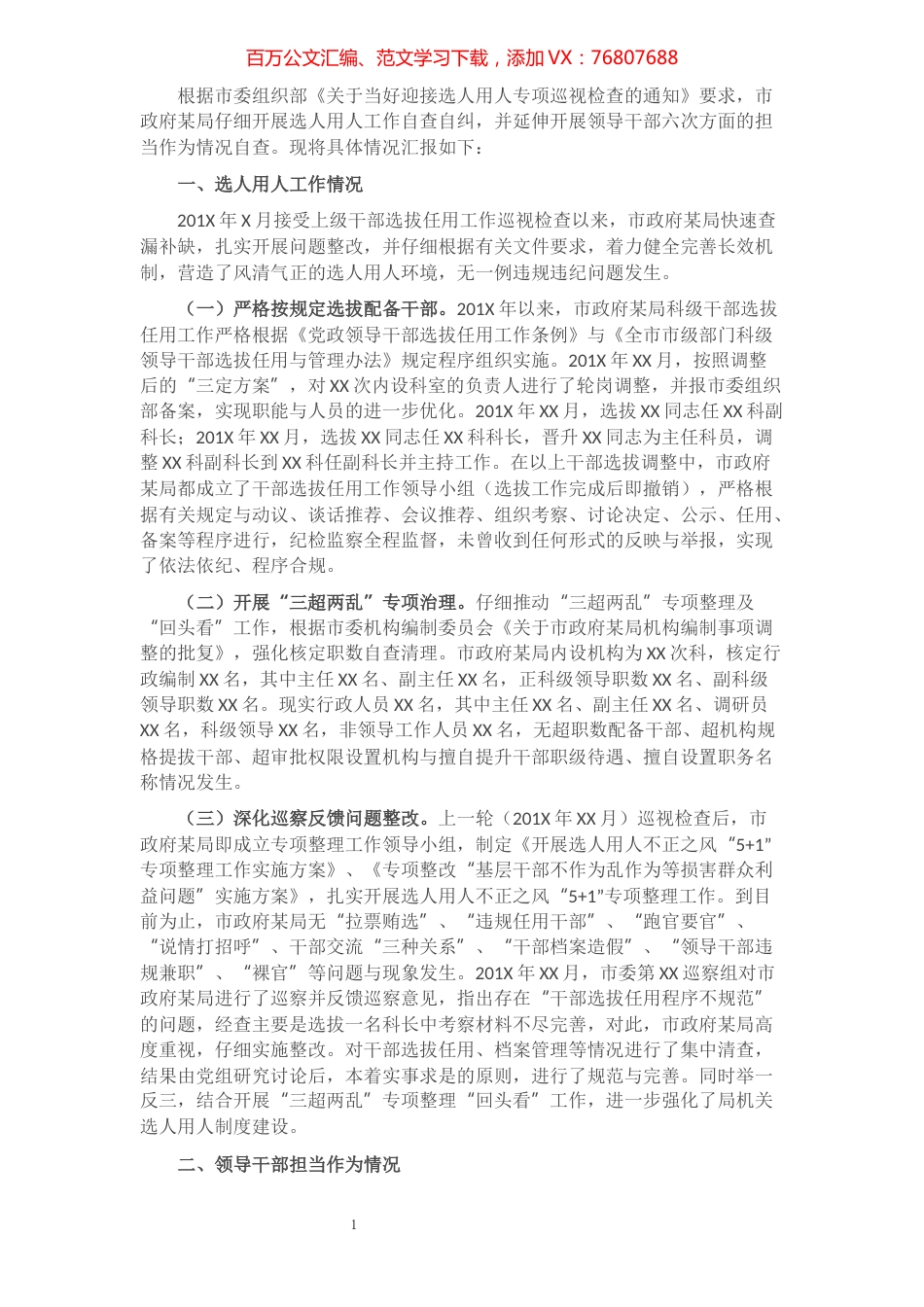 X局关于选人用人巡视检查及领导干部担当作为情况自查汇报.docx_第1页