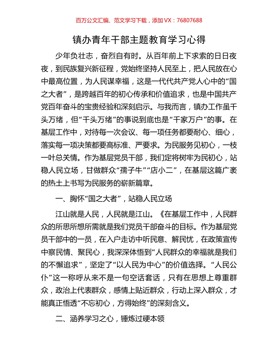 镇办青年干部主题教育学习心得.docx_第1页