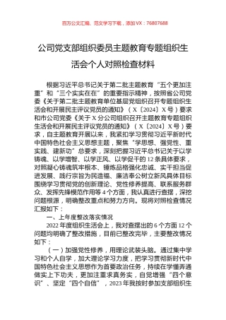 公司党支部组织委员主题教育专题组织生活会个人对照检查材料.docx