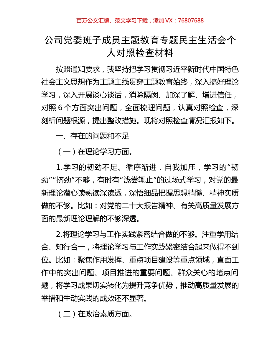 公司党委班子成员主题教育专题民主生活会个人对照检查材料.docx_第1页