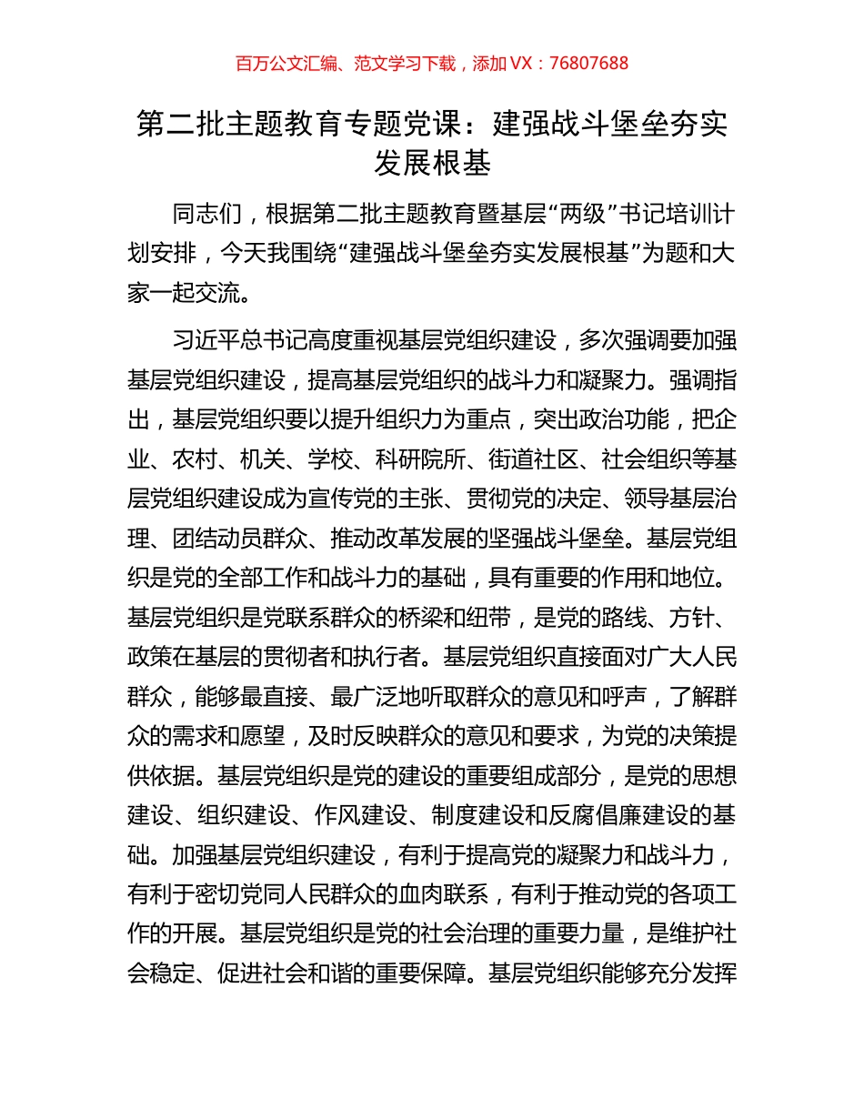 第二批主题教育专题党课：建强战斗堡垒夯实发展根基.docx_第1页