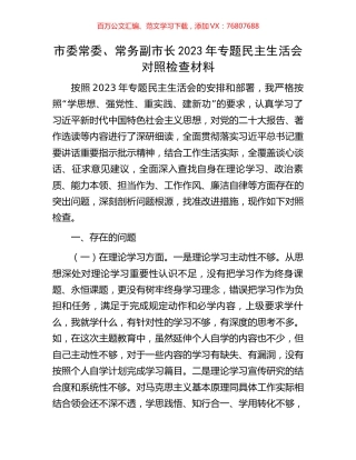 市委常委、常务副市长2023年专题民主生活会对照检查材料.docx