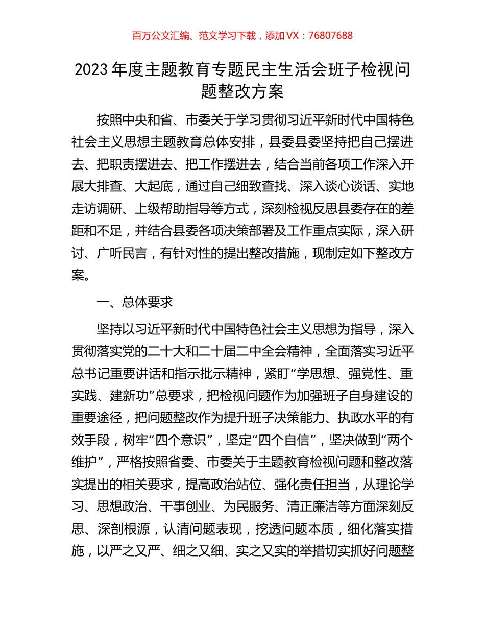 2023年度主题教育专题民主生活会班子检视问题整改方案.docx_第1页