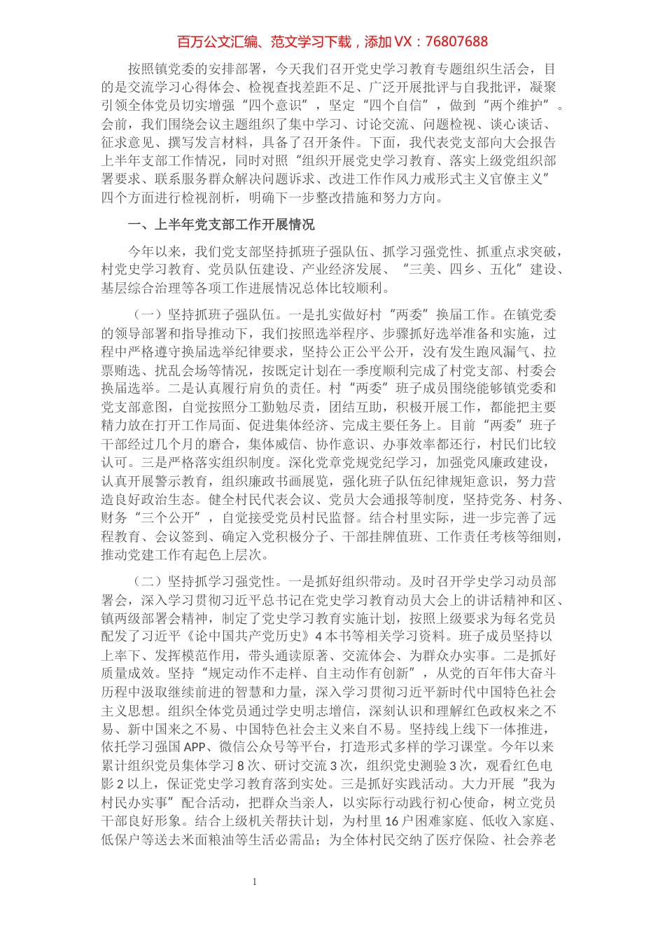 村党支部半年工作总结和党史学习教育专题组织生活会检视剖析材料​​​​​​​​​​​​.docx_第1页