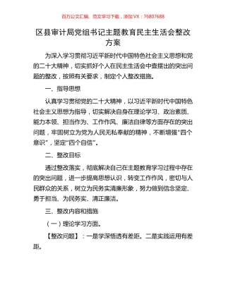 区县审计局党组书记主题教育民主生活会整改方案.docx