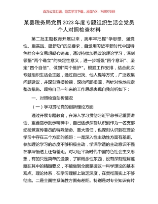 某县税务局党员2023年度专题组织生活会党员个人对照检查材料.docx