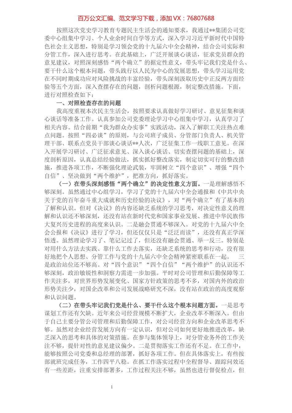 国企副总经理党史学习教育专题民主生活会个人对照检查材料.docx_第1页