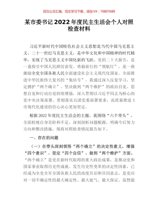 某市委书记2022年度民主生活会个人对照检查材料.docx