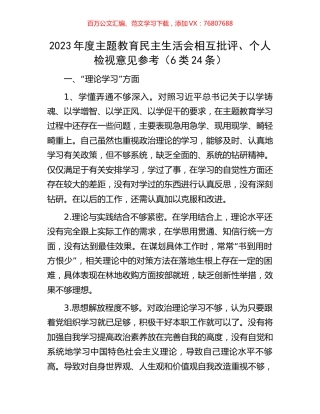 2023年度主题教育民主生活会相互批评、个人检视意见参考（6类24条）.docx