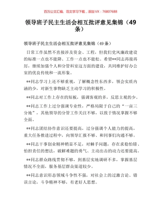 领导班子民主生活会相互批评意见集锦（49条）.docx