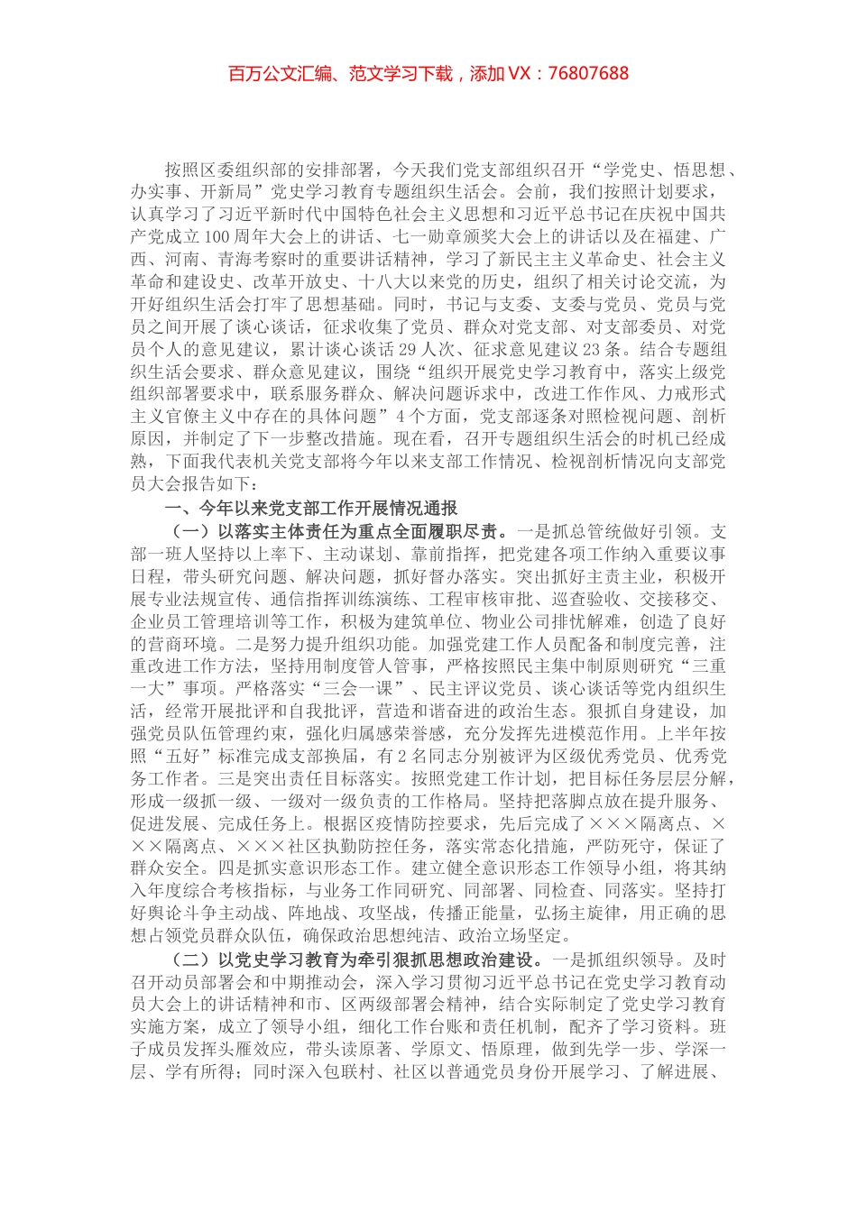 政府机关党支部班子党史学习教育专题组织生活会检视剖析材料​​​​​​​​​.docx_第1页