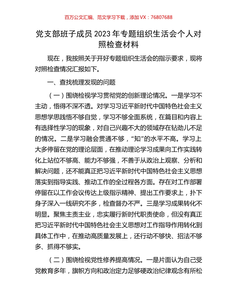 党支部班子成员2023年专题组织生活会个人对照检查材料.docx_第1页