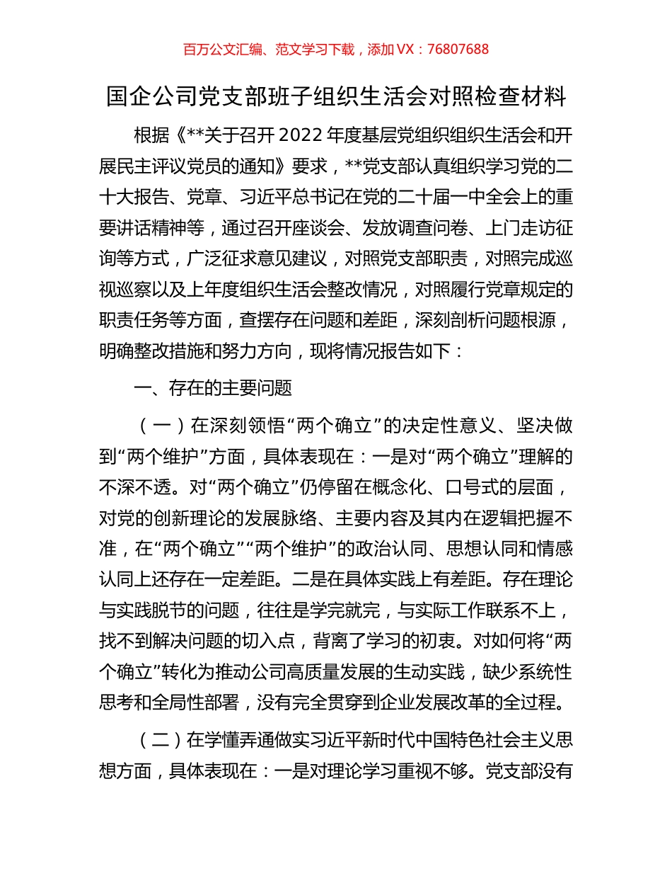 国企公司党支部班子组织生活会对照检查材料.docx_第1页