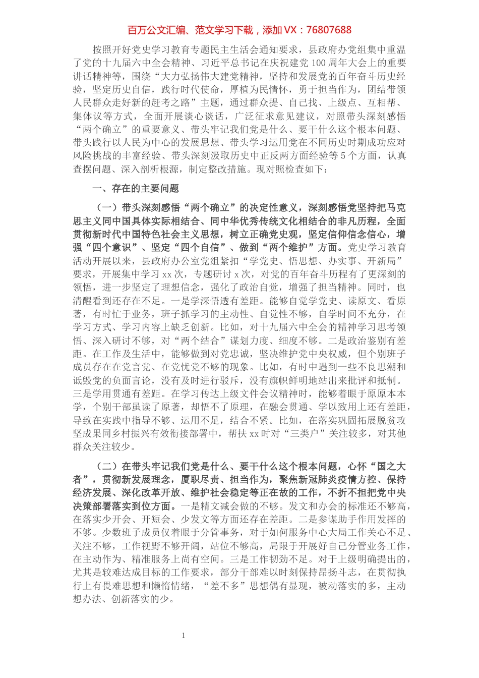 县政府办领导班子党史学习教育专题民主生活会对照检查材料.docx_第1页