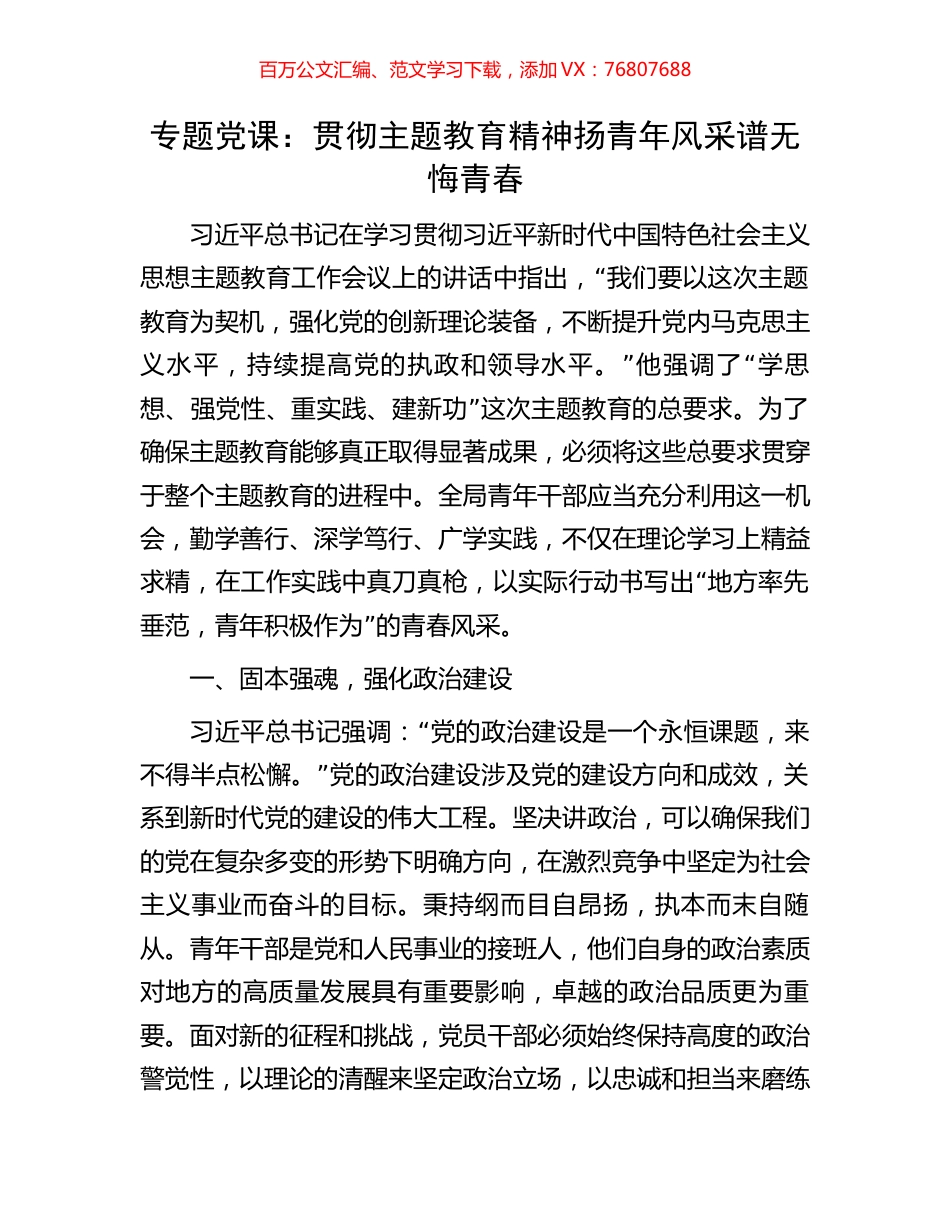 专题党课：贯彻主题教育精神扬青年风采谱无悔青春.docx_第1页