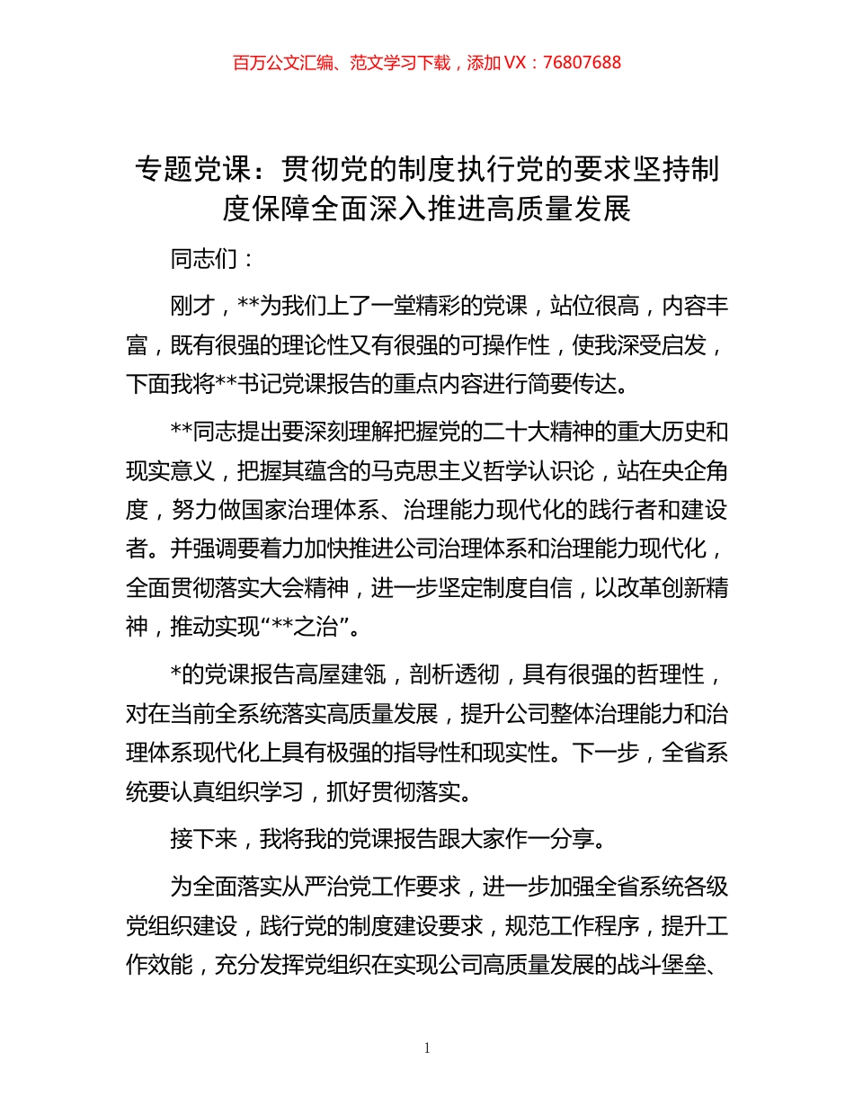 -专题党课：贯彻党的制度 执行党的要求 坚持制度保障 全面深入推进高质量发展.docx_第1页
