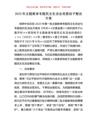 2023年主题教育专题民主生活会党委班子整改方案.docx
