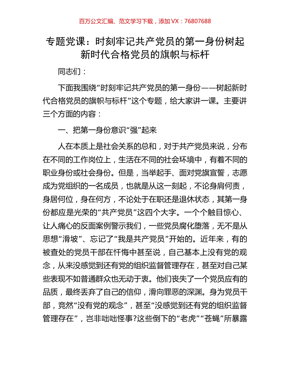 专题党课：时刻牢记共产党员的第一身份树起新时代合格党员的旗帜与标杆.docx_第1页