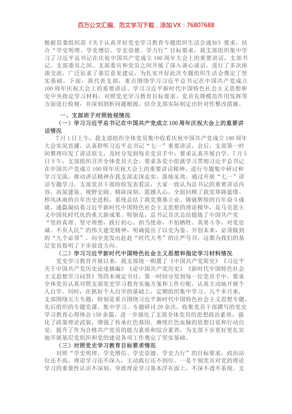 县直机关党支部班子党史学习教育专题组织生活会对照检查材料​​​​​​.docx_第1页