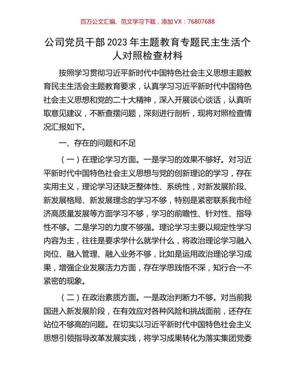公司党员干部2023年主题教育专题民主生活个人对照检查材料.docx_第1页